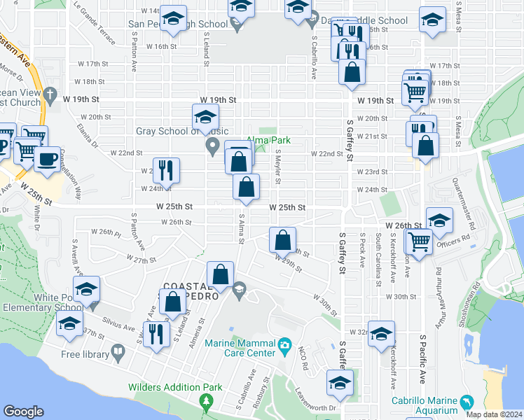 map of restaurants, bars, coffee shops, grocery stores, and more near 927 West 25th Street in Los Angeles