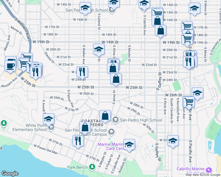 map of restaurants, bars, coffee shops, grocery stores, and more near 2504 South Alma Street in Los Angeles