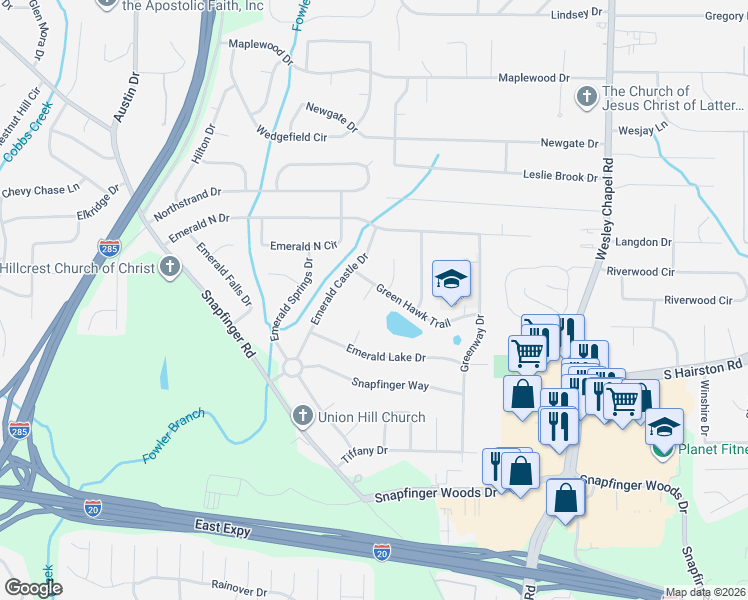 map of restaurants, bars, coffee shops, grocery stores, and more near 4065 Green Hawk Trail in Decatur