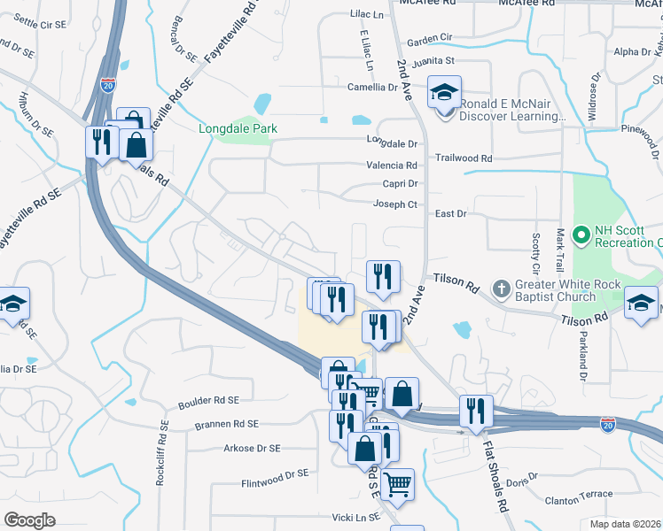 map of restaurants, bars, coffee shops, grocery stores, and more near 2273 Leicester Way Southeast in Atlanta