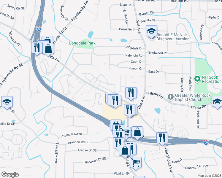 map of restaurants, bars, coffee shops, grocery stores, and more near 1896 South Hampton Lane Southeast in Atlanta