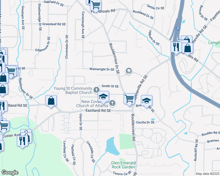 map of restaurants, bars, coffee shops, grocery stores, and more near 1405 Smith Street Southeast in Atlanta