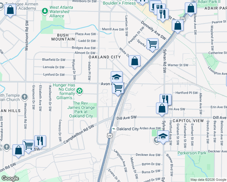 map of restaurants, bars, coffee shops, grocery stores, and more near 1235 Lee Street Southwest in Atlanta