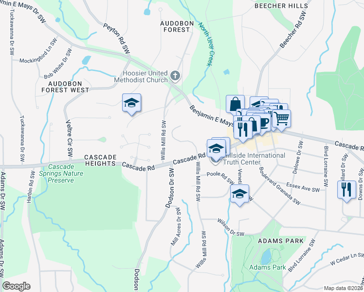 map of restaurants, bars, coffee shops, grocery stores, and more near 1351 Audubon Court Southwest in Atlanta