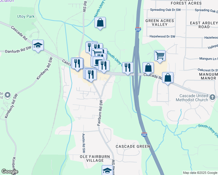 map of restaurants, bars, coffee shops, grocery stores, and more near 1212 Utoy Springs Road Southwest in Atlanta