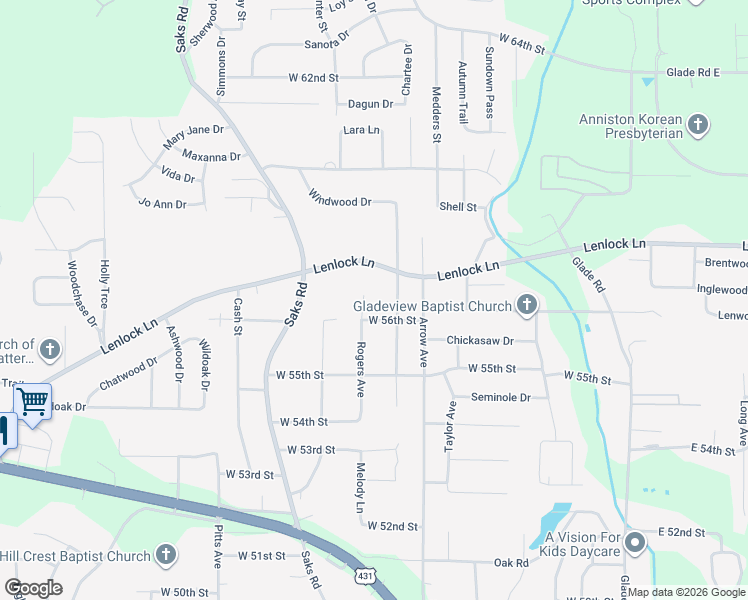 map of restaurants, bars, coffee shops, grocery stores, and more near 5627 Rogers Avenue in Anniston