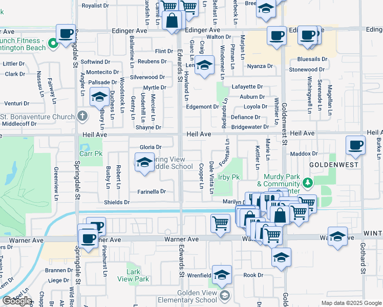 map of restaurants, bars, coffee shops, grocery stores, and more near 6582 Bishop Drive in Huntington Beach