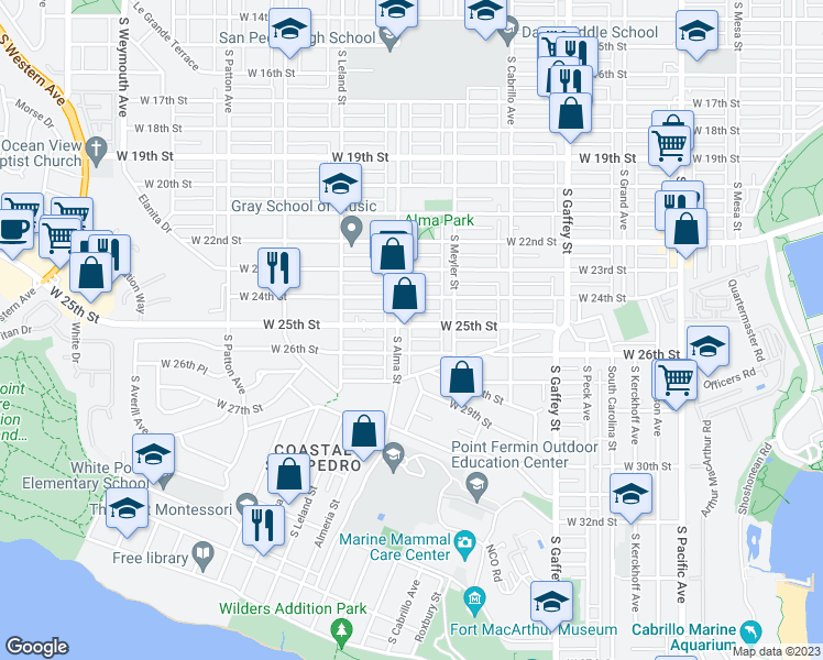 map of restaurants, bars, coffee shops, grocery stores, and more near 973 West 25th Street in San Pedro