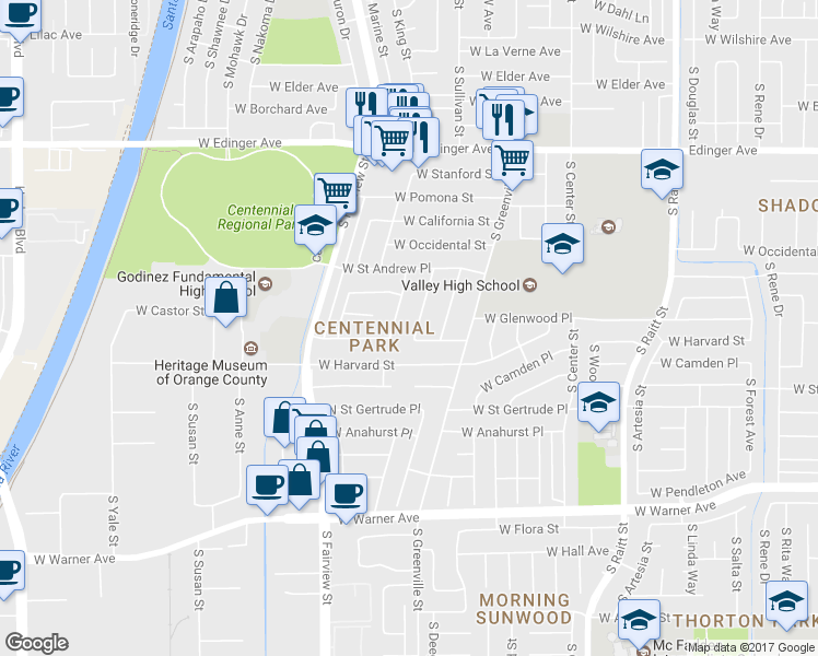 map of restaurants, bars, coffee shops, grocery stores, and more near 1916 South Bamdal Street in Santa Ana