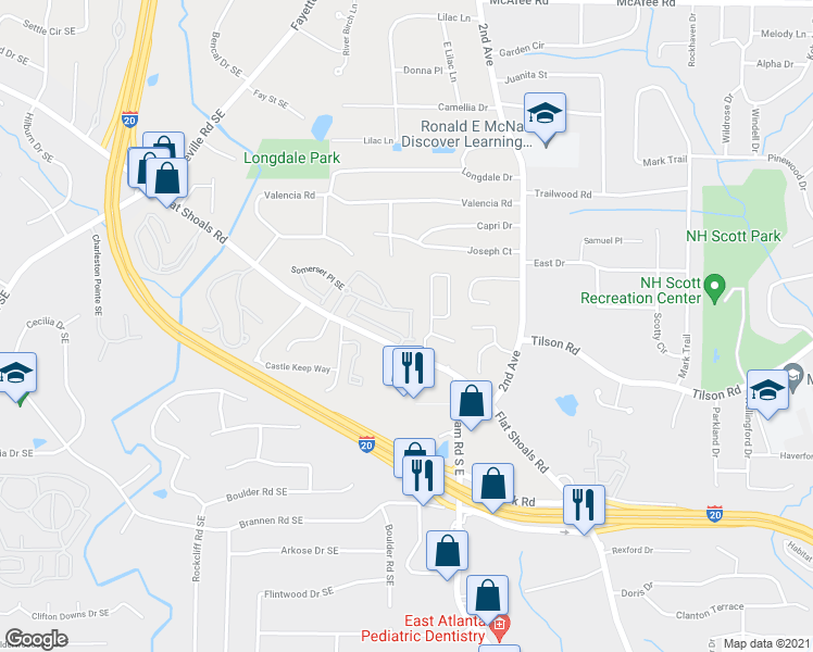 map of restaurants, bars, coffee shops, grocery stores, and more near 2273 Leicester Way Southeast in Atlanta