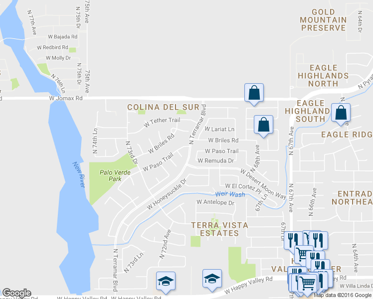 map of restaurants, bars, coffee shops, grocery stores, and more near 7105 West Paso Trail in Peoria