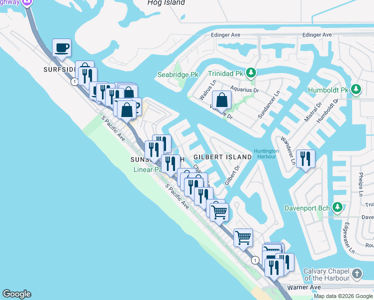 map of restaurants, bars, coffee shops, grocery stores, and more near 16612 Channel Lane in Huntington Beach