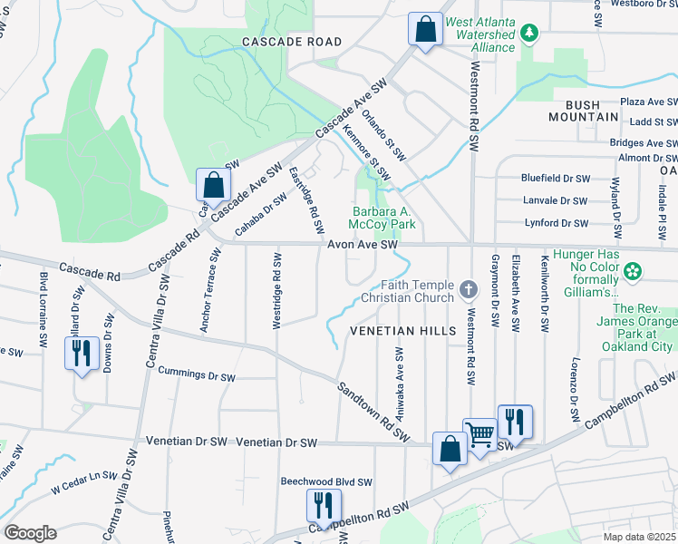 map of restaurants, bars, coffee shops, grocery stores, and more near 1239 Avonwood Circle Southwest in Atlanta