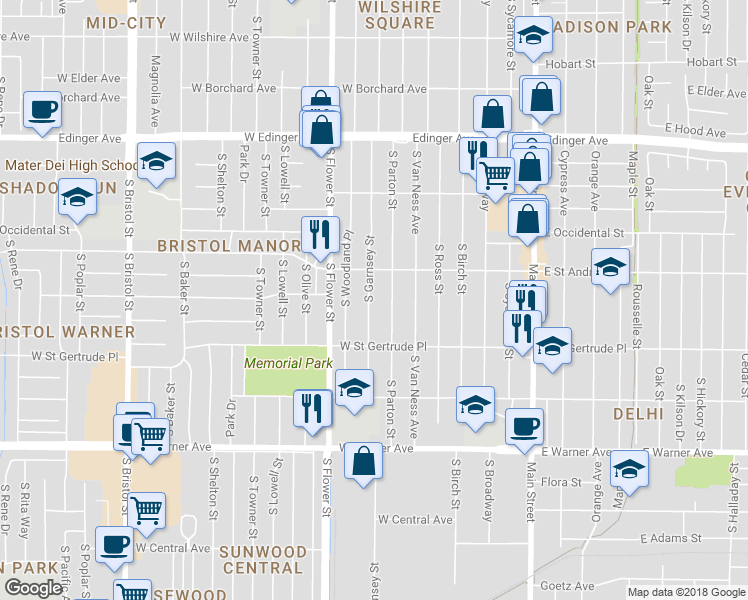 map of restaurants, bars, coffee shops, grocery stores, and more near 2029 South Garnsey Street in Santa Ana