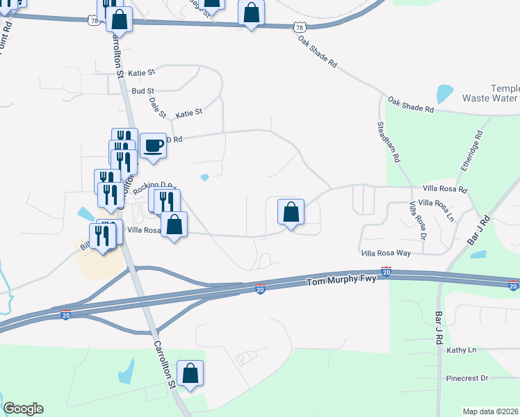 map of restaurants, bars, coffee shops, grocery stores, and more near 220 Hunt Club Circle in Temple