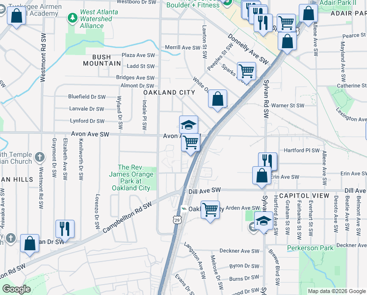 map of restaurants, bars, coffee shops, grocery stores, and more near 1228 Princess Avenue Southwest in Atlanta