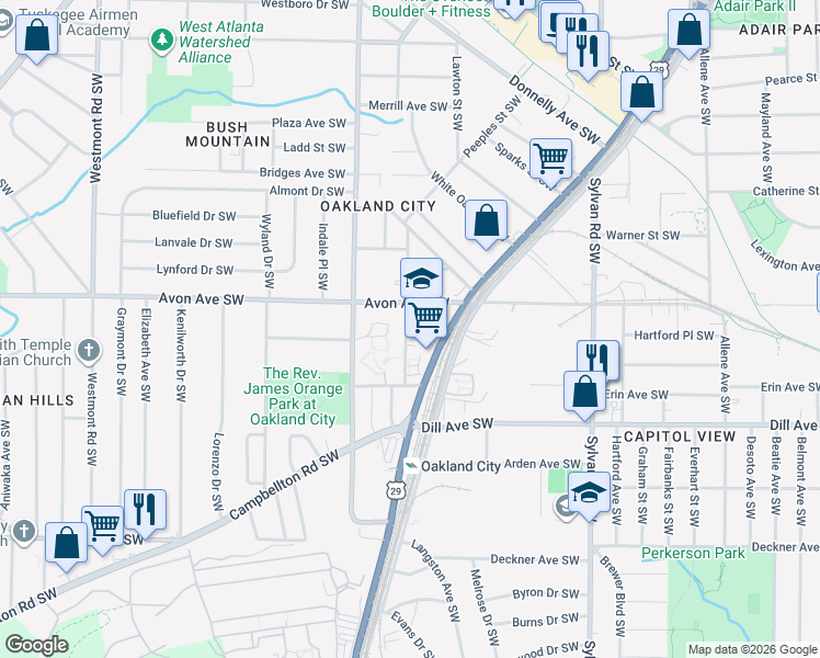 map of restaurants, bars, coffee shops, grocery stores, and more near 1235 Lee Street Southwest in Atlanta