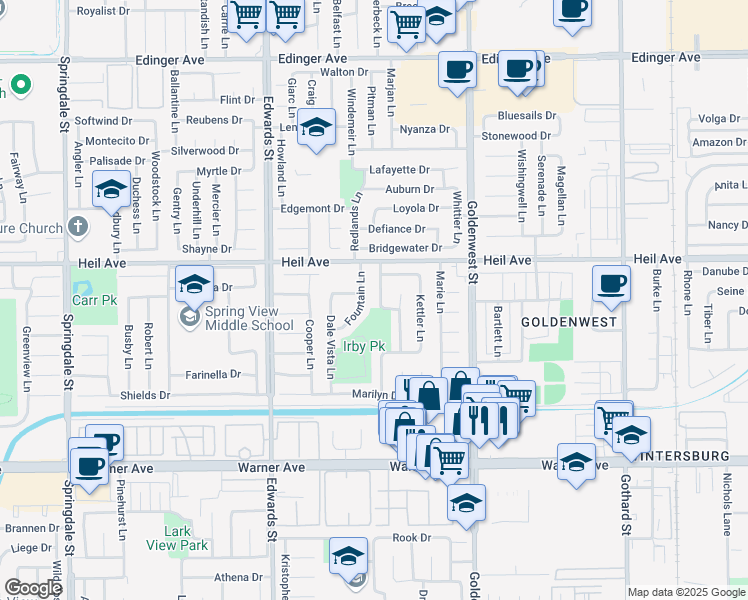 map of restaurants, bars, coffee shops, grocery stores, and more near 16591 Patricia Lane in Huntington Beach