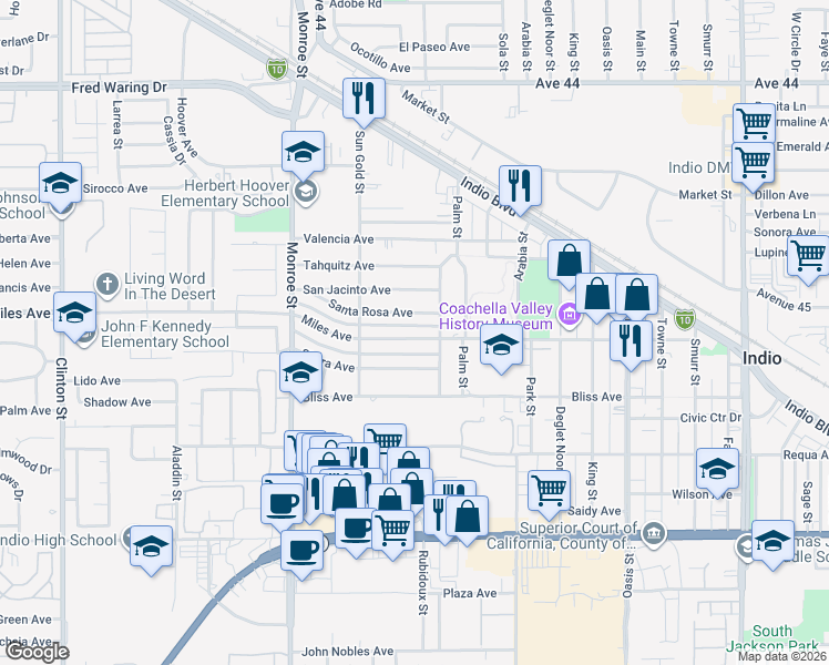 map of restaurants, bars, coffee shops, grocery stores, and more near 82324 Miles Avenue in Indio