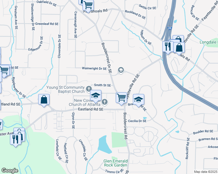 map of restaurants, bars, coffee shops, grocery stores, and more near 1421 Smith Street Southeast in Atlanta