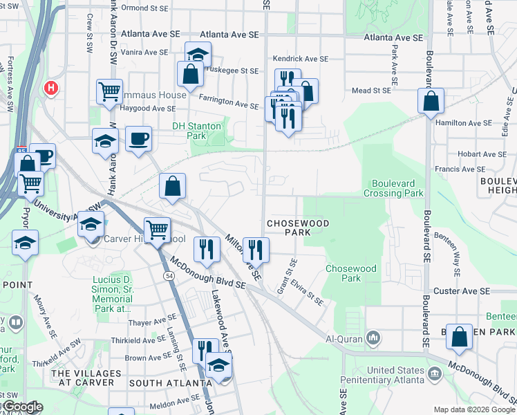 map of restaurants, bars, coffee shops, grocery stores, and more near 1213 Hill Street Southeast in Atlanta