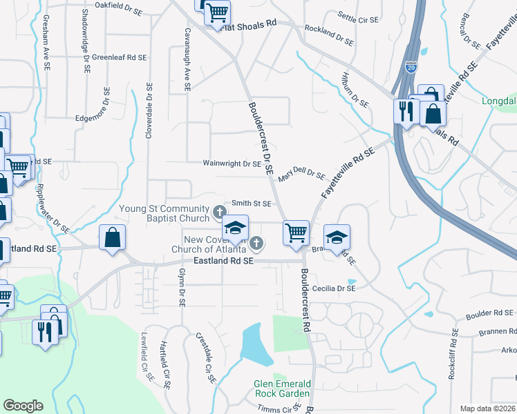 map of restaurants, bars, coffee shops, grocery stores, and more near 1409 Smith Street Southeast in Atlanta