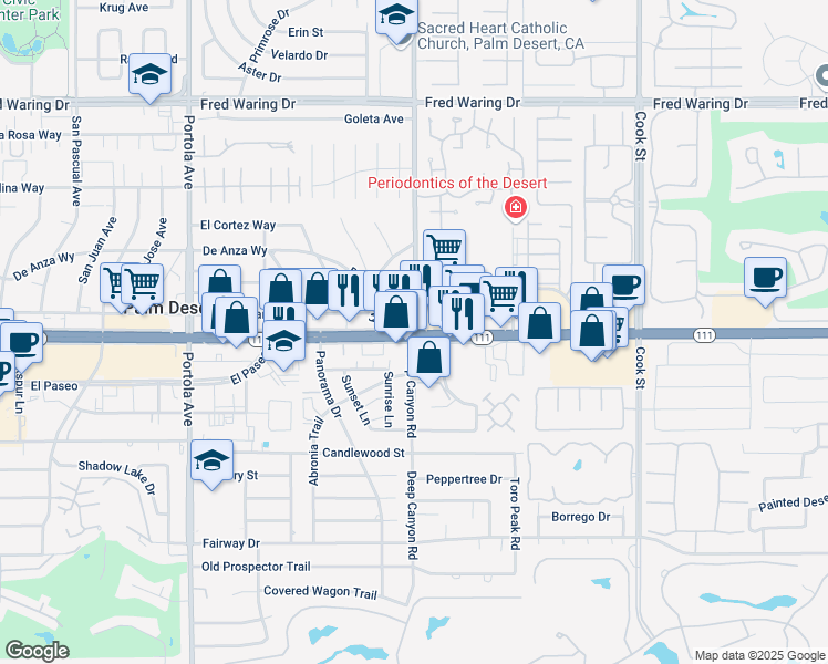 map of restaurants, bars, coffee shops, grocery stores, and more near Hwy 111 & Deep Canyon Rd in Palm Desert