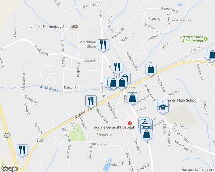 map of restaurants, bars, coffee shops, grocery stores, and more near 107 Jackson Street in Bremen