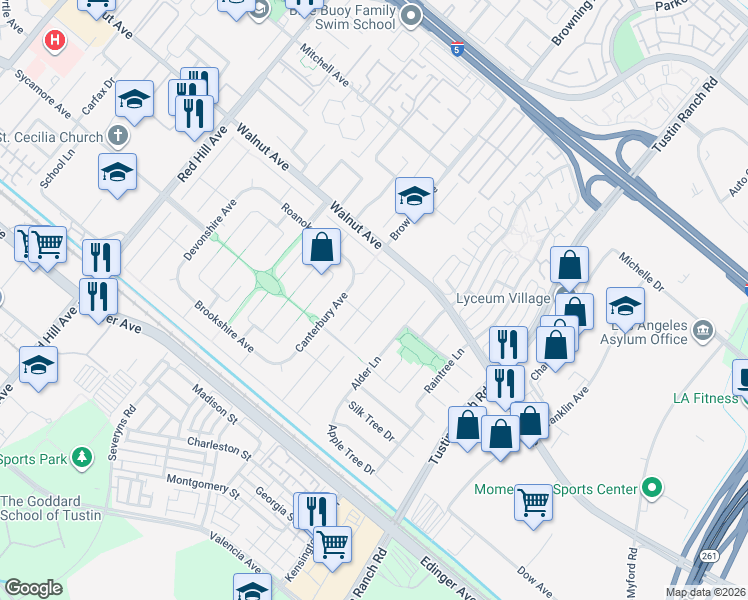map of restaurants, bars, coffee shops, grocery stores, and more near 14591 Hyannis Port Road in Tustin