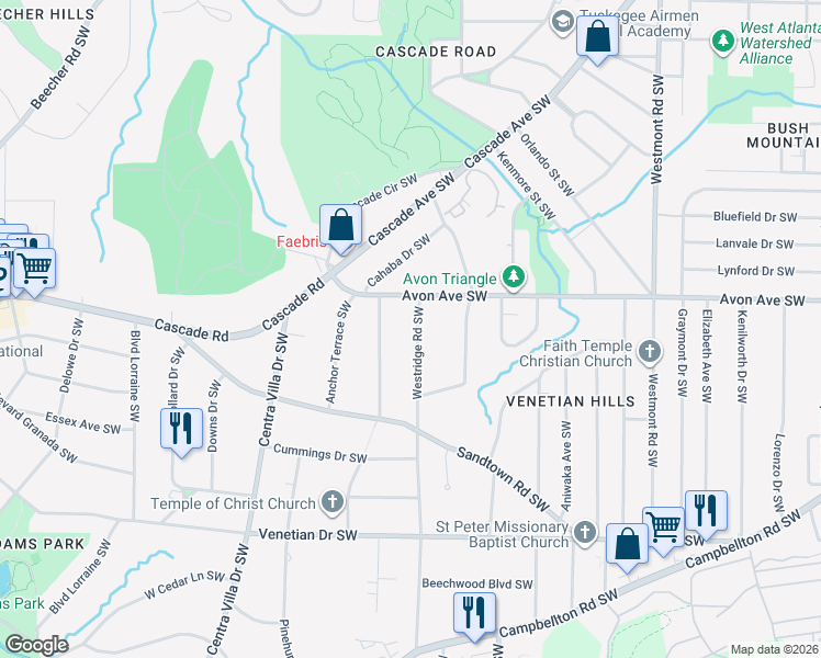 map of restaurants, bars, coffee shops, grocery stores, and more near 1237 Westridge Road Southwest in Atlanta