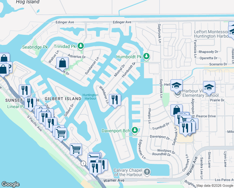 map of restaurants, bars, coffee shops, grocery stores, and more near 16582 Ensign Circle in Huntington Beach