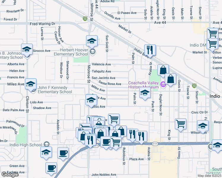 map of restaurants, bars, coffee shops, grocery stores, and more near 82216 Miles Avenue in Indio