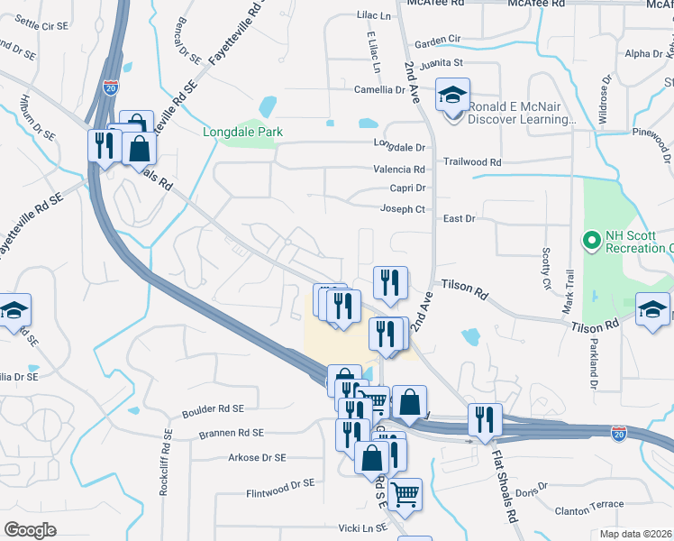 map of restaurants, bars, coffee shops, grocery stores, and more near 2273 Leicester Way Southeast in Atlanta
