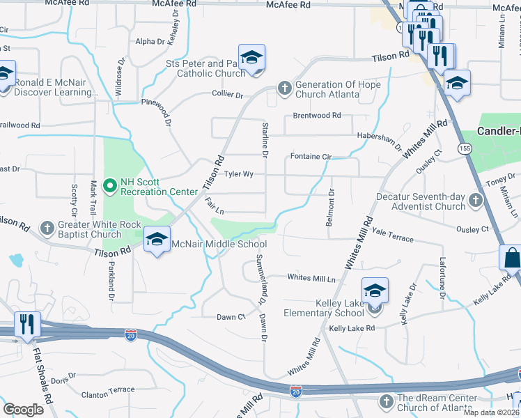 map of restaurants, bars, coffee shops, grocery stores, and more near 2325 Starline Dr in Decatur