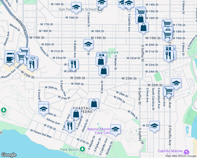 map of restaurants, bars, coffee shops, grocery stores, and more near 2504 South Alma Street in Los Angeles