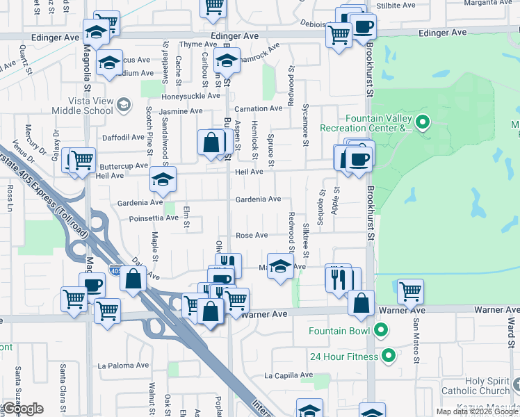 map of restaurants, bars, coffee shops, grocery stores, and more near 16641 Evergreen Circle in Fountain Valley