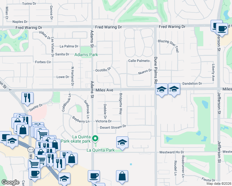 map of restaurants, bars, coffee shops, grocery stores, and more near 79220 Kara Court in La Quinta