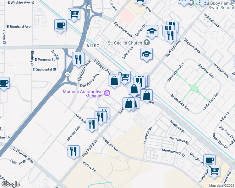 map of restaurants, bars, coffee shops, grocery stores, and more near 1452 Edinger Avenue in Tustin