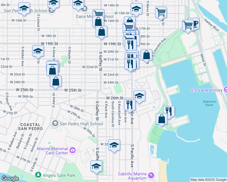 map of restaurants, bars, coffee shops, grocery stores, and more near 2424 South Carolina Street in Los Angeles