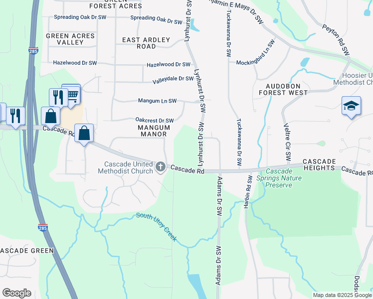 map of restaurants, bars, coffee shops, grocery stores, and more near 3105 Cascade Road Southwest in Atlanta
