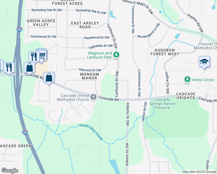 map of restaurants, bars, coffee shops, grocery stores, and more near 3105 Cascade Road Southwest in Atlanta