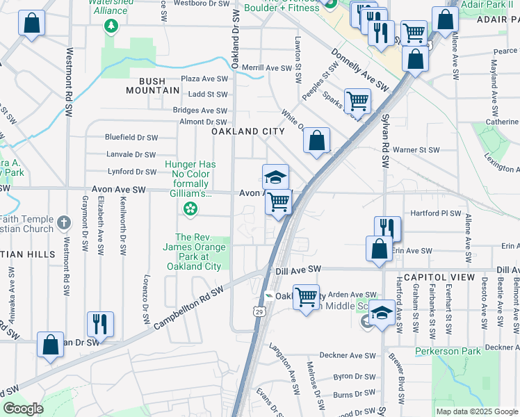 map of restaurants, bars, coffee shops, grocery stores, and more near 1227 Princess Avenue Southwest in Atlanta