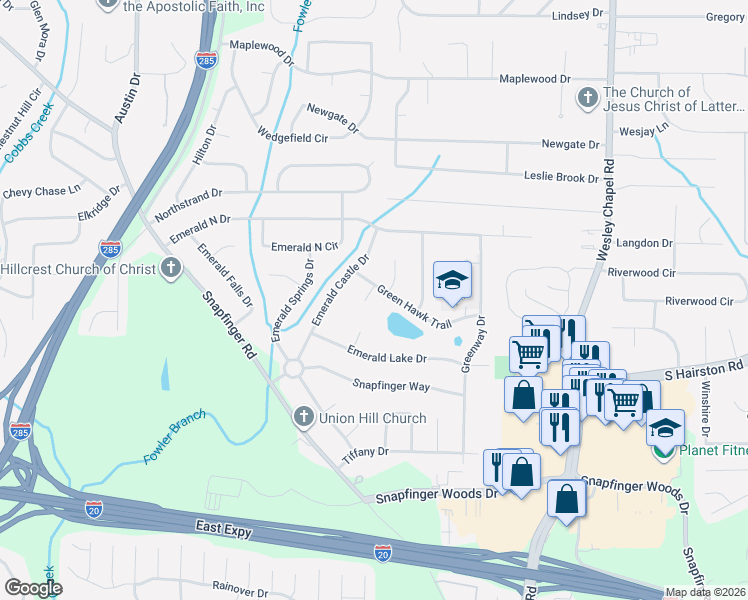 map of restaurants, bars, coffee shops, grocery stores, and more near 4065 Green Hawk Trail in Decatur