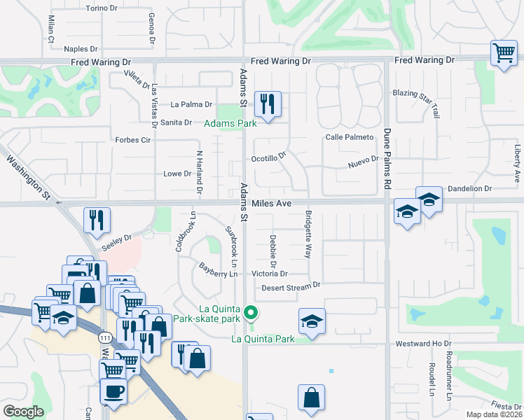 map of restaurants, bars, coffee shops, grocery stores, and more near 79120 Kristen Court in La Quinta