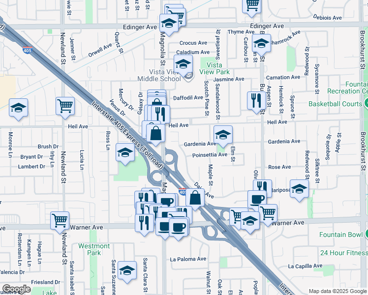 map of restaurants, bars, coffee shops, grocery stores, and more near 16620 Daisy Avenue in Fountain Valley