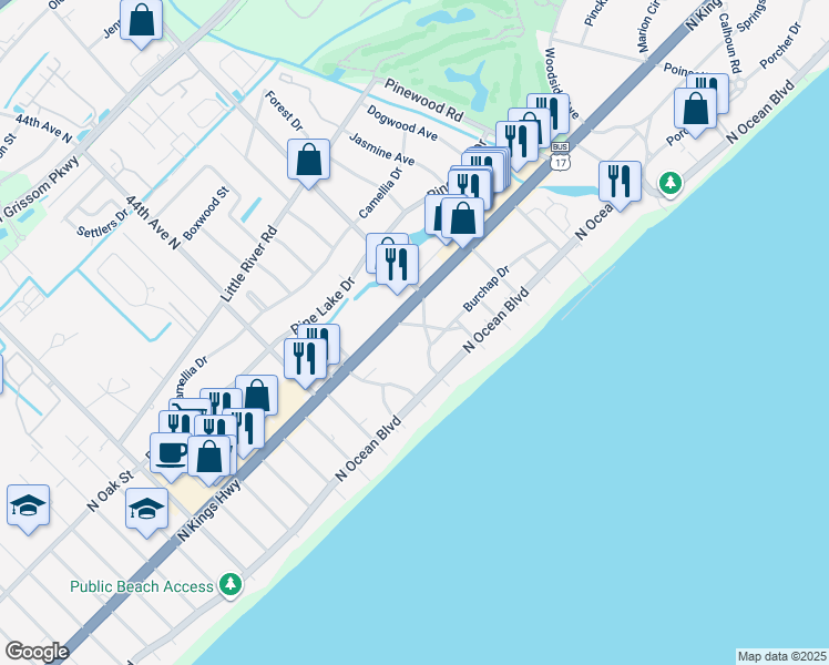 map of restaurants, bars, coffee shops, grocery stores, and more near 407 47th Avenue North in Myrtle Beach
