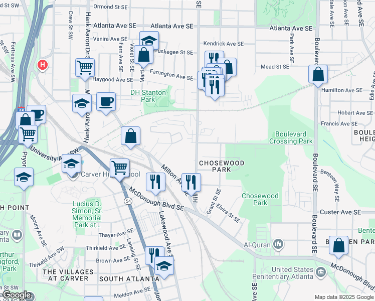map of restaurants, bars, coffee shops, grocery stores, and more near 1213 Hill Street Southeast in Atlanta