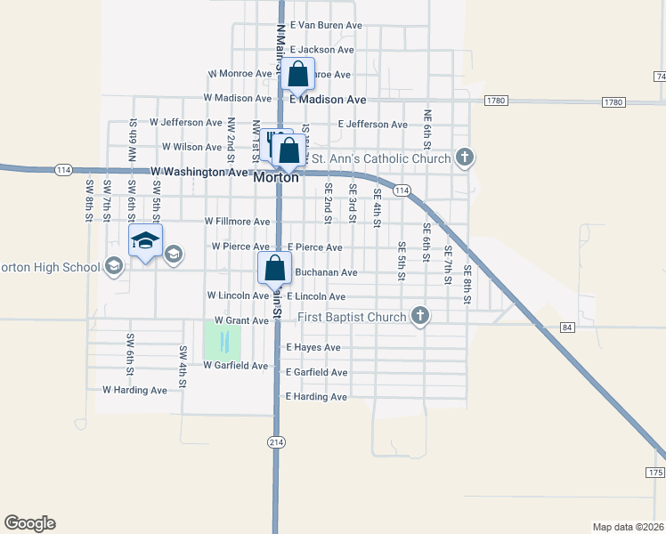map of restaurants, bars, coffee shops, grocery stores, and more near 301 East Buchanan Avenue in Morton
