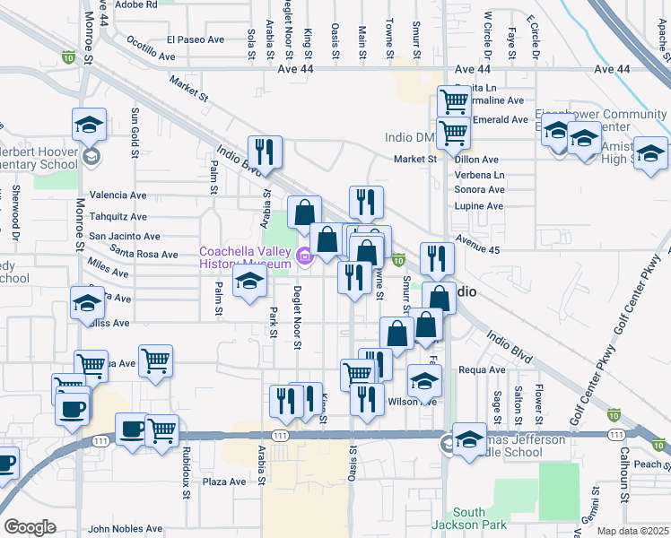 map of restaurants, bars, coffee shops, grocery stores, and more near 82672 Miles Ave in Indio