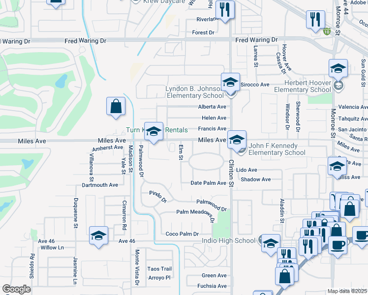 map of restaurants, bars, coffee shops, grocery stores, and more near 45070 Elm Street in Indio